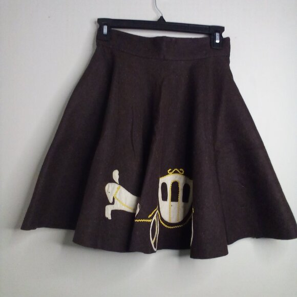 Handmade Dresses & Skirts - Vintage Handmade Felt Circle Skirt 25" Wasit XS Horse Carriage Brown